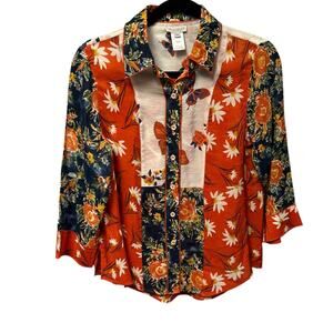 Multiples Orange Navy Floral Butterfly Print Button Up Top Womens Petite Medium